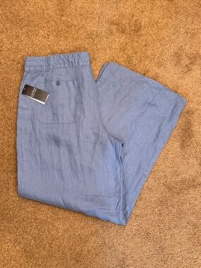 Lauren Ralph Lauren Women’s Blue Linen Drawstring Wide-Leg Pants 16